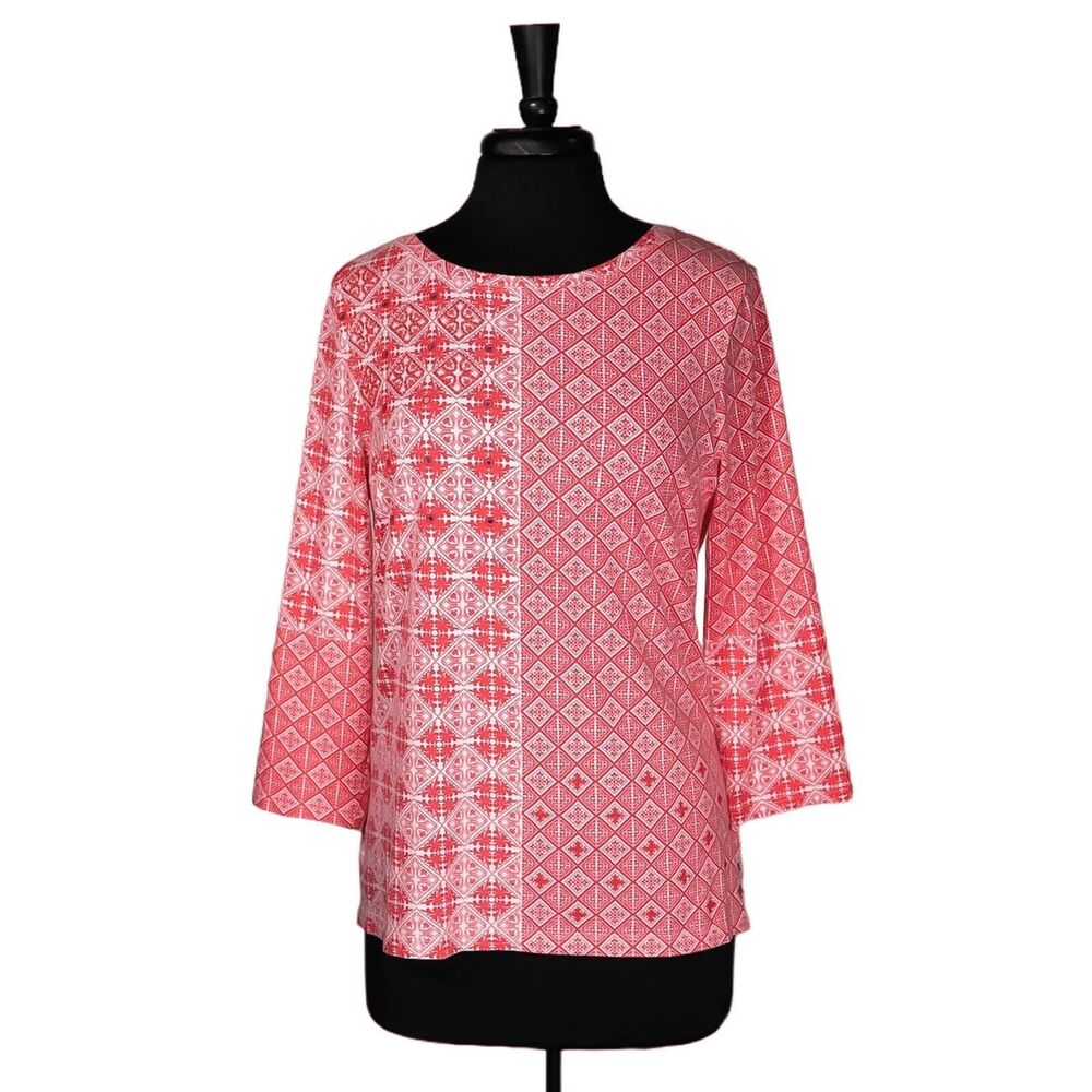 Chico's Zenergy Womens Blouse Red White Geometric Mirror Beaded Sequin Top 1 M/8